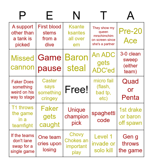 GEN G. VS T1 Bingo Card