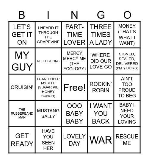 Summit Events Motown Music Bingo Card