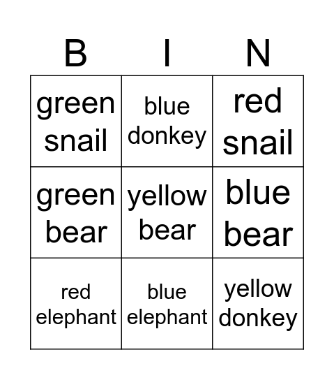 French colours and animals Bingo Card