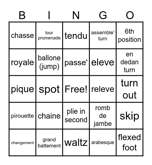 Ballet Bingo Card