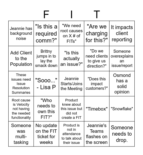 FIT Bingo Card