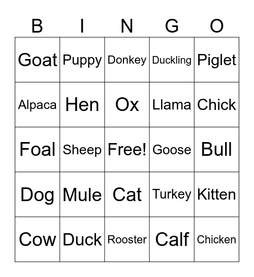 Farm Bingo Card