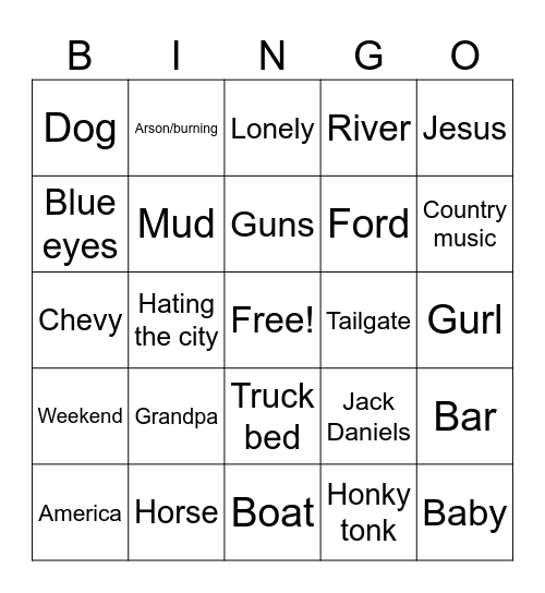 Country music bingo V2 Bingo Card