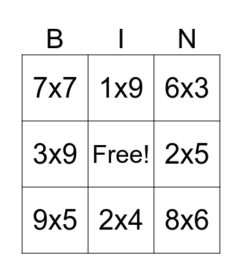 Multiplication Bingo Card