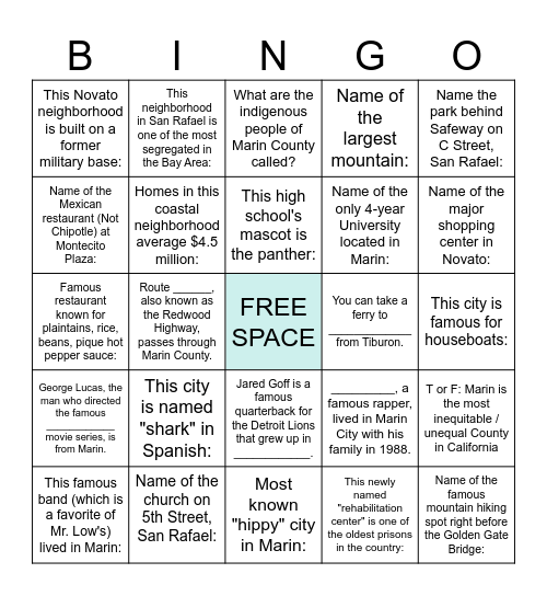 Highlights of Marin County Bingo Card