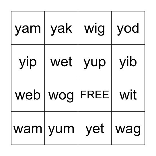 Y and W Bingo Card