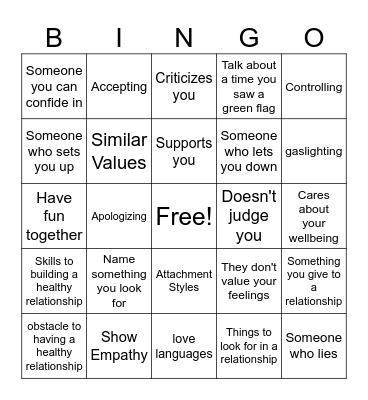 Relationship Bingo Card