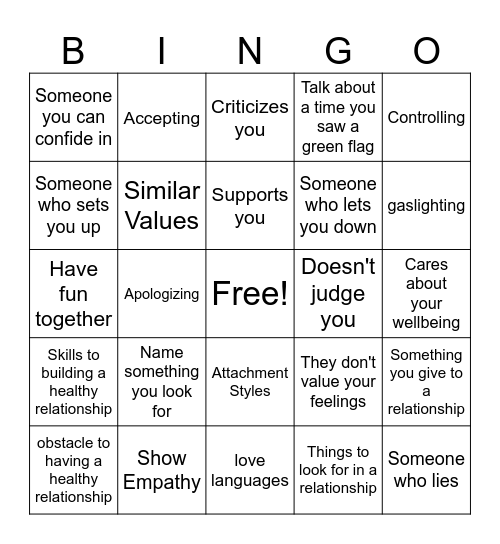 Relationship Bingo Card