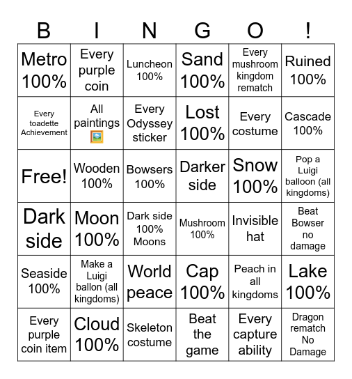 Super Mario Odyssey 100% bingo checklist Bingo Card