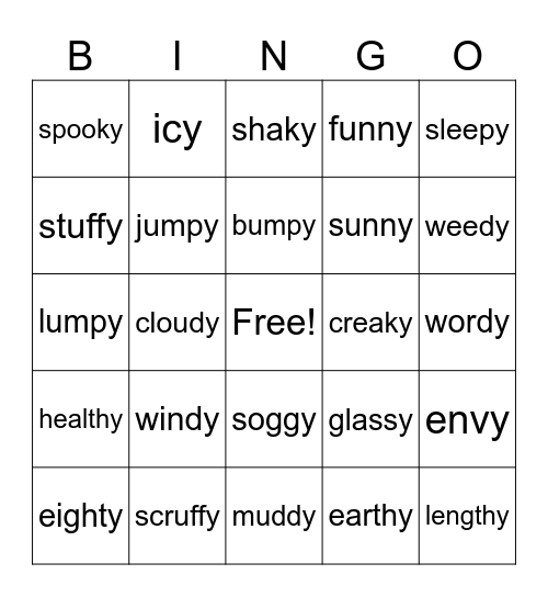 suffix -y Bingo Card