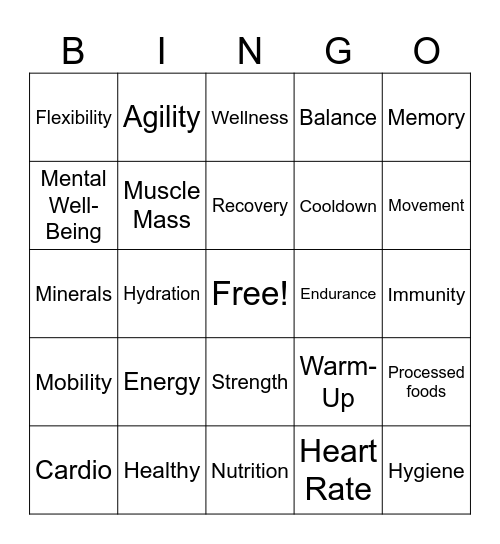 Physical Wellness Bingo Card Bingo Card