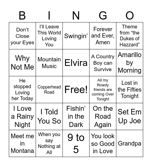 80's Country Bingo Card