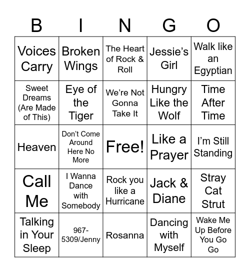 80's Pop Bingo Card