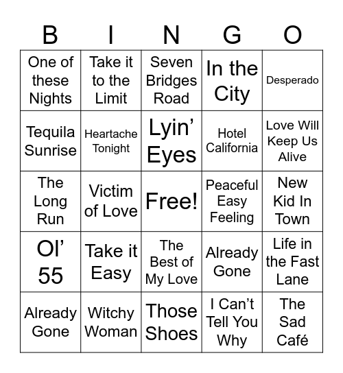 Eagles Greatest Hits Bingo Card