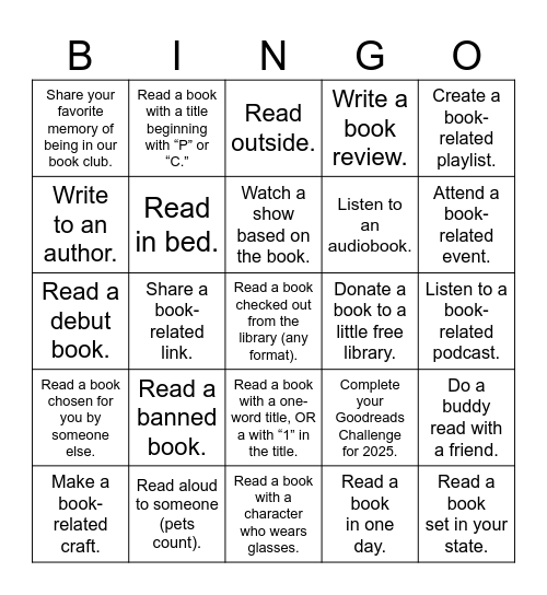 Prose & Cons Reading Group Challenge Board Bingo Card