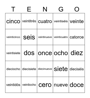 Los numeros 0-20 Bingo Card