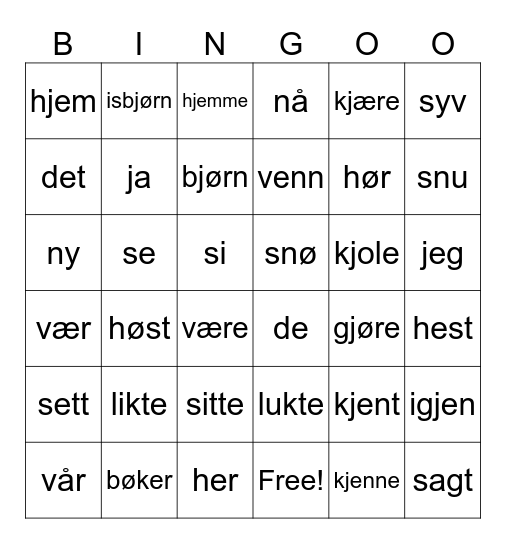 Ord som likner på hverandre Bingo Card