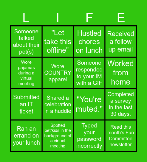 L/H FUN COMMITEE VIRTUAL BINGO Card