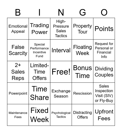 Time Share Bingo Card