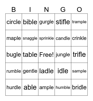 Consonant-le Syllable Bingo Card