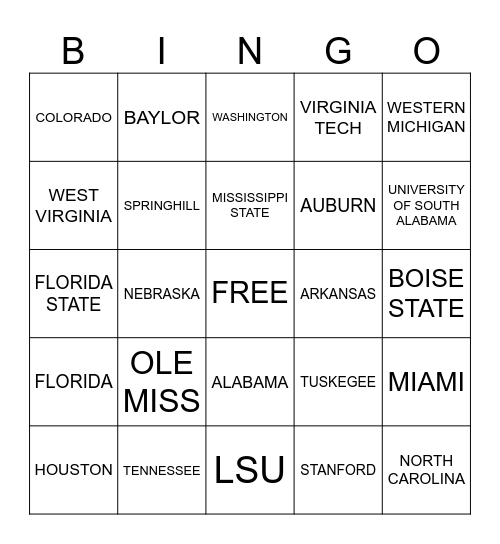 COLLEGES Bingo Card