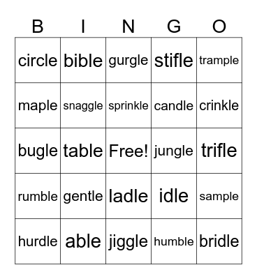 Consonant-le Syllable Bingo Card