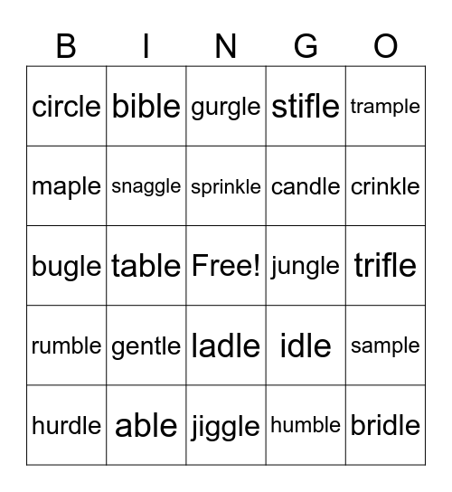 Consonant-le Syllable Bingo Card