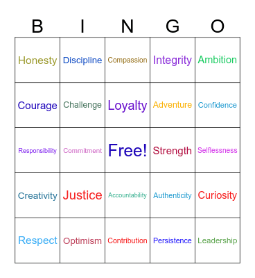 Values Bingo Card