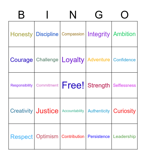 Values Bingo Card