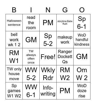 Workshop Bingo 10/21-11/1 Bingo Card
