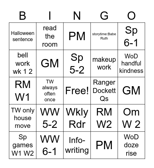 Workshop Bingo 10/21-11/1 Bingo Card