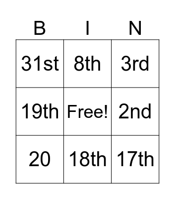 Ordinal Numbers Bingo Card
