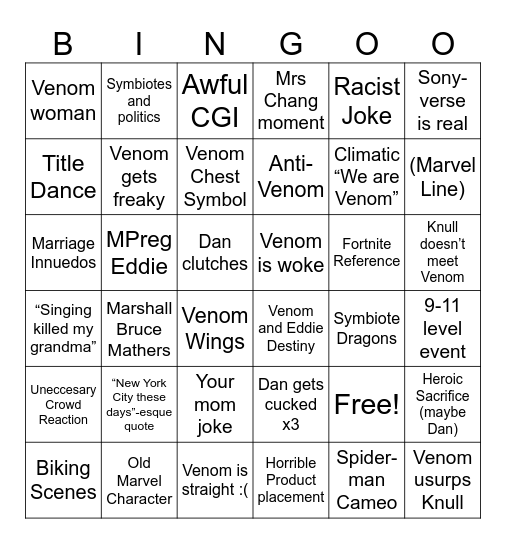 Venom Bingo Card