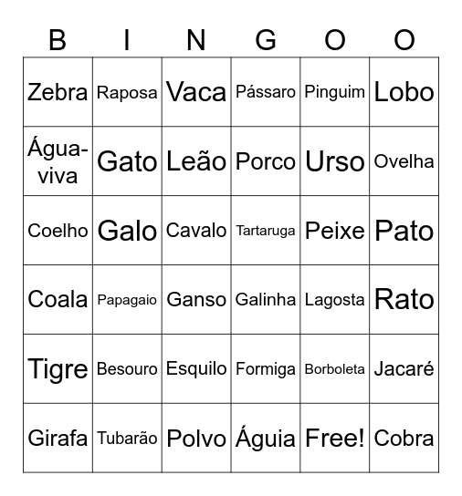 ANIMALS Bingo Card