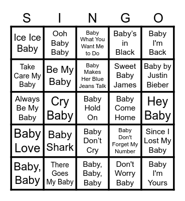 'Baby' Titled Songs Bingo Card