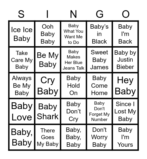 'Baby' Titled Songs Bingo Card