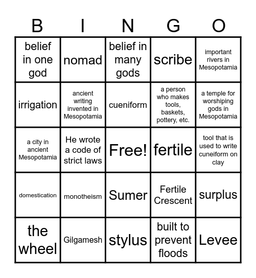 Mesopotamia Bingo! Bingo Card