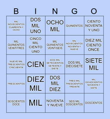 NUMEROS HASTA 10,000 Bingo Card
