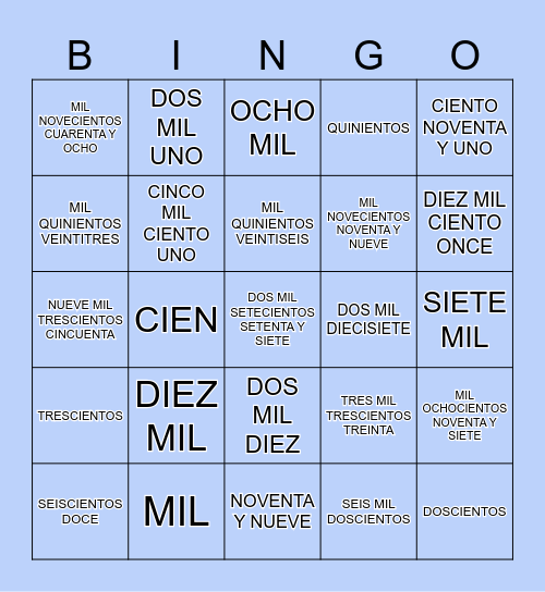 NUMEROS HASTA 10,000 Bingo Card