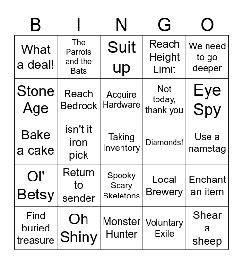 Minecraft Achievement Game Bingo Card