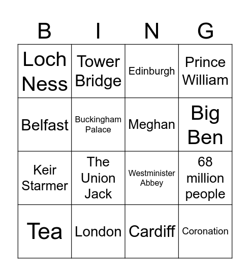 United Kingdom & The Royal Family Bingo Card