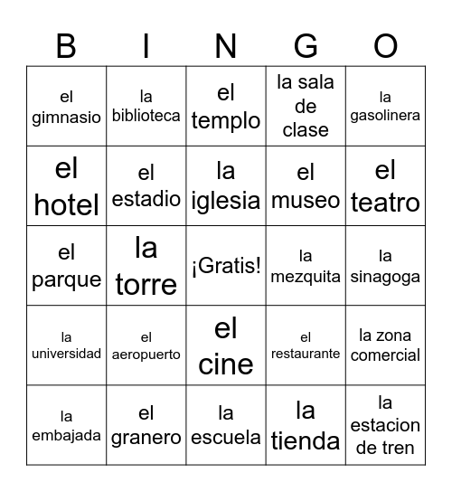 Edificios y Lugares (Buildings and Places) Bingo Card