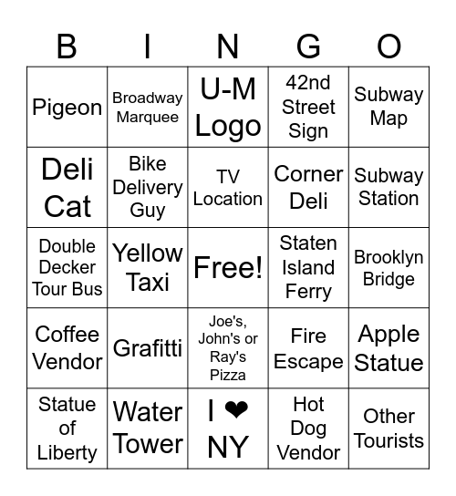 NYC Bingo! Bingo Card