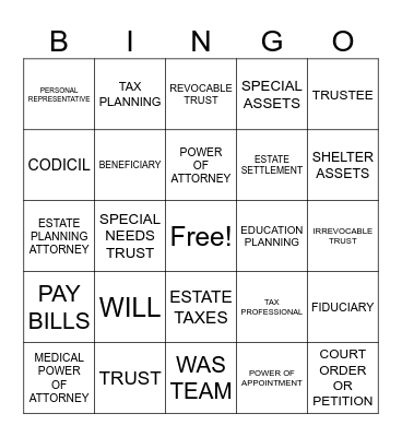 ESTATE PLANNING BINGO Card