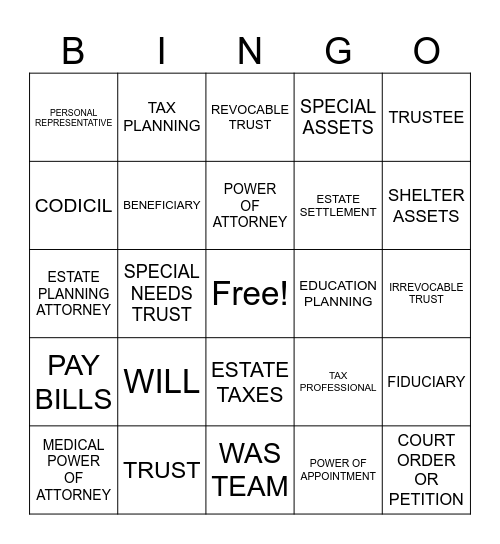 ESTATE PLANNING BINGO Card