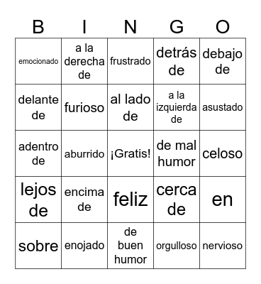 Los Humores (Moods) and Prepositions of Location Bingo Card