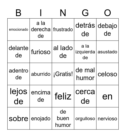 Los Humores (Moods) and Prepositions of Location Bingo Card