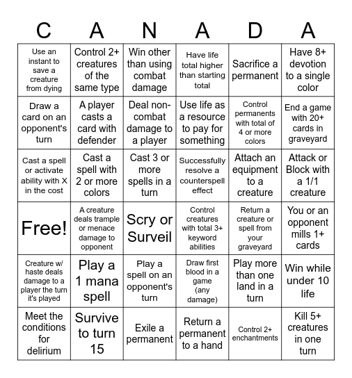 Canadian Lowlander Bingo Card