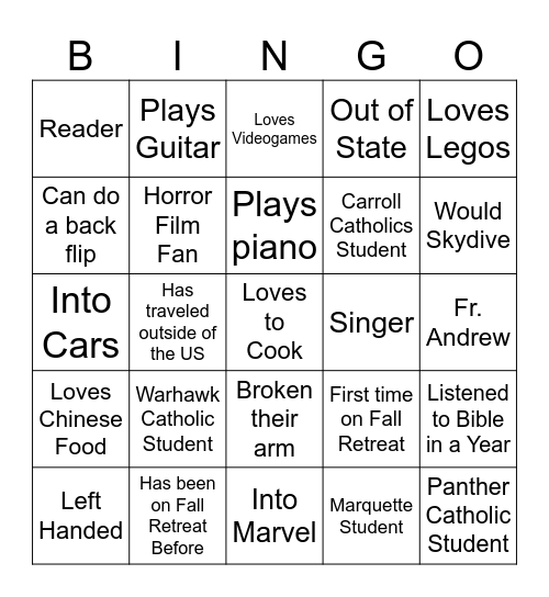 Fall Retreat 2024 Bingo Card