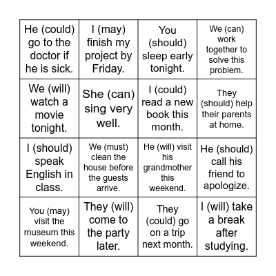 Modal Verbs Bingo Card